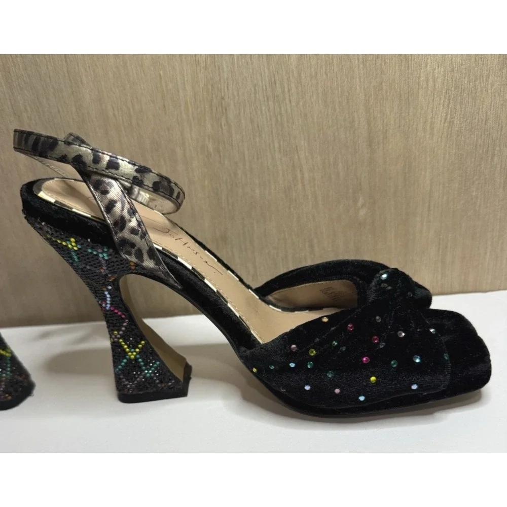 Betsey Johnson Alianna Black Velvet Rhinestone Bow Flared Heel Sandals 8M